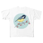 Nellyhime のアートのベリーと鳥 (Great Tit) フルグラフィックTシャツ