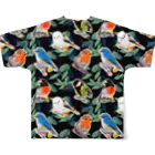 NORIMA'S SHOP の落ち葉のコラージュとかわいい野鳥たち フルグラフィックTシャツの背面