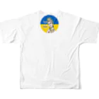 諭苑のSUZURI店のLove＆Peace観世音菩薩ウクライナ国旗背景 All-Over Print T-Shirt :back
