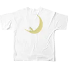 rilybiiのThe watching moon and the resting yellow bird. フルグラフィックTシャツの背面