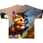 隣の越後屋の威嚇したのに可愛い子猫 フルグラフィックTシャツの背面