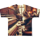ニャーちゃんショップのヴィンテージなカフェでピアノを弾いている猫 All-Over Print T-Shirt :back