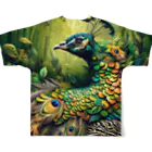 Dee’s Sweet DesignsのCamouflage of the Peacock in the Forest  森の中の孔雀のカモフラージュ フルグラフィックTシャツの背面