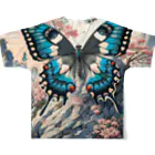 momonekokoの岩場の上で華やかに舞う蝶と咲き誇る花々 All-Over Print T-Shirt :back