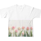 Leomatsuraのピンクと白のチューリップ フルグラフィックTシャツの背面