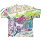 ﾌﾗﾜｰﾎｴｰﾙ　とかげのちづっこのトカゲ大集合☆  ピンク✕グリーン All-Over Print T-Shirt :back