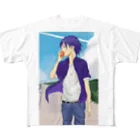 八咫烏帽子の鳥小屋の青の青年 All-Over Print T-Shirt