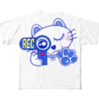 ReShellyのキャット/ブルー/猫/REC フルグラフィックTシャツ