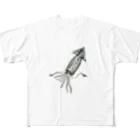 アングラースピリッツの水墨画風のイカさん フルグラフィックTシャツ