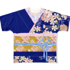 耕DESIGNの着物柄（振袖風）青 -桜- フルグラフィックTシャツ