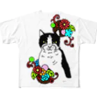 greetenのハチワレ猫　ホワイト　カラフルフラワー All-Over Print T-Shirt