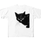 小鳥と映画館のカッコよく覗きに来た黒猫 フルグラフィックTシャツ