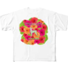 onehappinessのピンシャー　hibiscus　花言葉　onehappiness フルグラフィックTシャツ