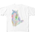小鳥と映画館のユニコーンカラーの猫 フルグラフィックTシャツ