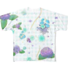 mizuyuの青薔薇と紫陽花のギンガムチェックT 풀그래픽 티셔츠