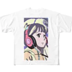 Tsuneのヘッドフォンを付けた女性キャラクターグッズ フルグラフィックTシャツ