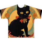 めそぽのHappy Halloweenの黒猫 フルグラフィックTシャツ