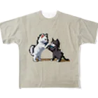 猫神のアランニット（白と黒のバトル） フルグラフィックTシャツ