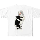 小鳥と映画館のイナズマメイクの女性と黒猫 フルグラフィックTシャツ