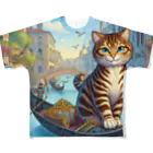 ニャーちゃんショップのヴェネツィアの水路でゴンドラに乗っているネコ フルグラフィックTシャツ