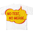 IqophのNO TEST, NO MERGE. フルグラフィックTシャツ