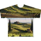 awawoの綺麗な緑が並ぶブドウ畑と木々の景色 フルグラフィックTシャツ