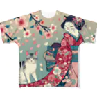 ParadigmStar　パラダイムスターの和風cat 見返り桜 フルグラフィックTシャツ