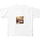  ニャンダーランド・イラストストアの日光浴をしている猫 フルグラフィックTシャツ
