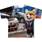 Colorful Canvasの車のバッテリーがあがって、立ち往生しているコーギー フルグラフィックTシャツ