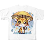 Hope2222の小雨の中で傘を持つ楽しそうなキリン。 フルグラフィックTシャツ