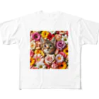 IloveCatの美しい花々と可愛らしい子猫 フルグラフィックTシャツ