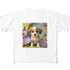 chan-takehaniの陽気な子犬と春の花々 フルグラフィックTシャツ