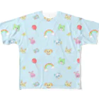 mokugyobuchoのゆるゆるアニマル総柄さんブルー All-Over Print T-Shirt