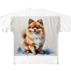 Animal Illustration shopのポメラニアン　Pomeranian　水彩画風 フルグラフィックTシャツ