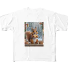 Colorful Canvasの窓辺でクッキーを食べるリス All-Over Print T-Shirt