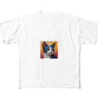 TubuTechのモザイク ブルーキャット フルグラフィックTシャツ