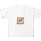 ピンク系水彩画のピンクの鳥さん 水彩画 フルグラフィックTシャツ