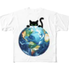 amecatsの地球と黒猫 フルグラフィックTシャツ