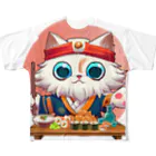 World_Teesの猫 寿司 食べる 可愛い 動物 ペット 日本 食べ物 猫 シェフ フルグラフィックTシャツ