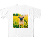 犬好きのしましまの水彩画の犬 花畑のパグのイラスト フルグラフィックTシャツ