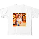 猫好きの谷の猫の水彩画/キジシロねこのイラスト/おもちゃで遊ぶキジ白ネコ フルグラフィックTシャツ