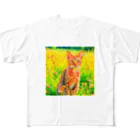 猫好きの谷の猫の水彩画/花畑のオシキャットねこのイラスト/キジトラネコ All-Over Print T-Shirt