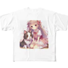 ウツボちゃんの可愛い犬とじゃれ合う女の子 フルグラフィックTシャツ