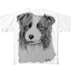 greetenのボーダーコリー　アート犬モノクロ フルグラフィックTシャツ