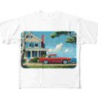 MistyStarkの赤いコルベットと海辺の家　－　red corvette and seaside house　－ フルグラフィックTシャツ
