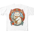 ゆまちゃんの開運雑貨屋さんのカモーンキャット？欧米の招き猫ミュシャ風 All-Over Print T-Shirt