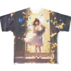 花束娘のThe Girl in the Light with Blue Butterflies in the Garden フルグラフィックTシャツ