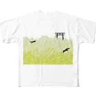 Amiの黒狛狐と穂波 穂波の海と鳥居 フルグラフィックTシャツ