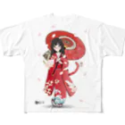 松や SUZURI店の桜吹雪と猫六 フルグラフィックTシャツ