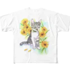 Miaws Shopの子猫とヒマワリ フルグラフィックTシャツ